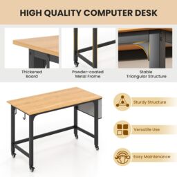 Gymax Rolling Office Desk With Lockable Wheels Detachable Bag & Headphone Hooks in Natural - thumbnail 5