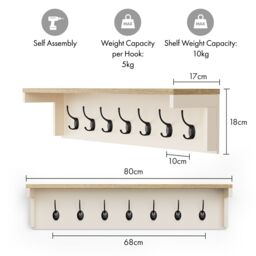 VonHaus Hallway 7 Double Coat Hooks Wall Mounted with Shelf in Cream - Size: 1 Pack - thumbnail 8
