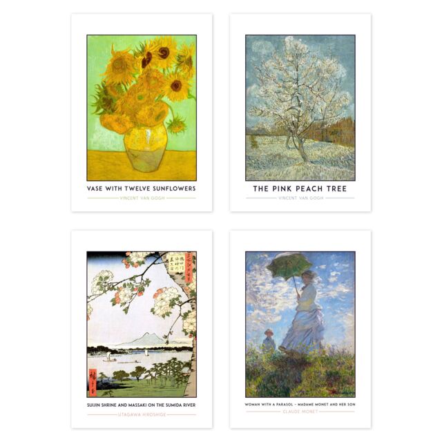 Artery8 Wall Art Print Classic Paintings Van Gogh Sunflowers Utagawa Suijin Shrine Monet Woman Parasol A4 Poster Pack of 4 Wall Art - image 1