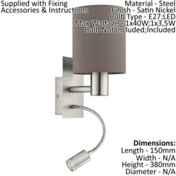 Loops 2 PACK Wall Light Satin Nickel Shade Anthracite Brown Fabric E27 40W LED 3.5W in Metallics - thumbnail 2