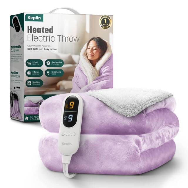 Keplin Large Electric Heated Throw Blanket, Fleece Wool Duvet, 9 Heat Setting in Lilac - image 1
