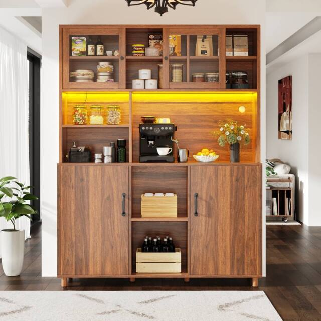 Merax Freestanding Wood Effect Tall Kitchen Pantry Cabinet with LED Light in Brown - image 1