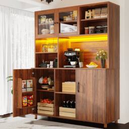 Merax Freestanding Wood Effect Tall Kitchen Pantry Cabinet with LED Light in Brown - thumbnail 2