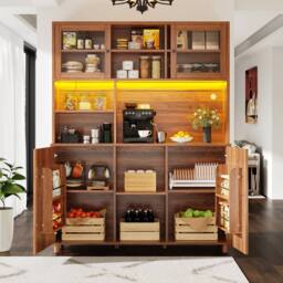 Merax Freestanding Wood Effect Tall Kitchen Pantry Cabinet with LED Light in Brown - thumbnail 4