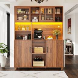 Merax Freestanding Wood Effect Tall Kitchen Pantry Cabinet with LED Light in Brown