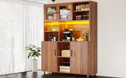 Merax Freestanding Wood Effect Tall Kitchen Pantry Cabinet with LED Light in Brown - thumbnail 7