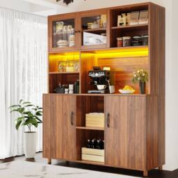 Merax Freestanding Wood Effect Tall Kitchen Pantry Cabinet with LED Light in Brown - thumbnail 5