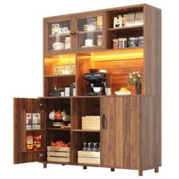 Merax Freestanding Wood Effect Tall Kitchen Pantry Cabinet with LED Light in Brown - thumbnail 6