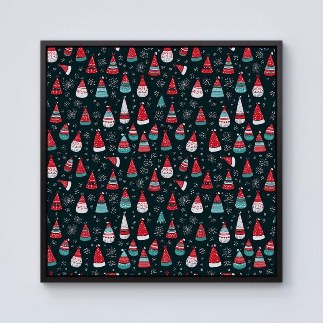 Warren Reed - Designer Hand Drawn Cheerful Santa Hats Framed Canvas in Black - Size: w40 inch x h40 inch - image 1