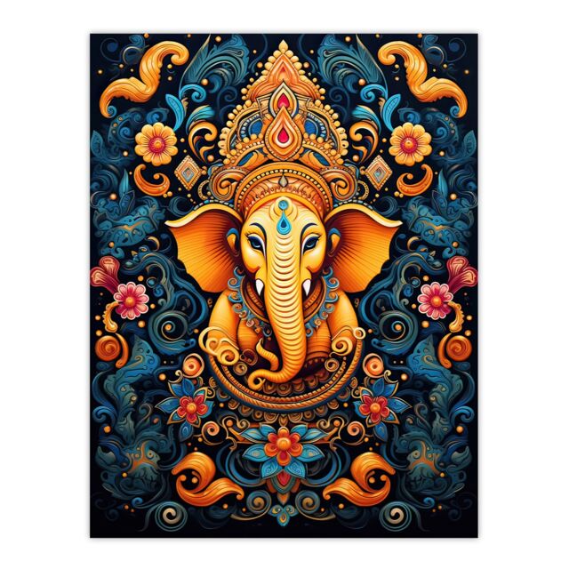 "Artery8 Wall Art Print Ganesha & Flowers Hindu Concept Art Orange Blue Vibrant Ornate Floral Pattern Design with Elephant Poster - Size: W18"" x H24""" - image 1
