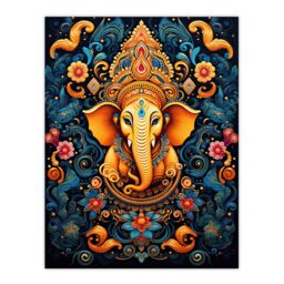 "Artery8 Wall Art Print Ganesha & Flowers Hindu Concept Art Orange Blue Vibrant Ornate Floral Pattern Design with Elephant Poster - Size: W18"" x H24""" - thumbnail 1