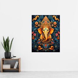 "Artery8 Wall Art Print Ganesha & Flowers Hindu Concept Art Orange Blue Vibrant Ornate Floral Pattern Design with Elephant Poster - Size: W18"" x H24""" - thumbnail 4