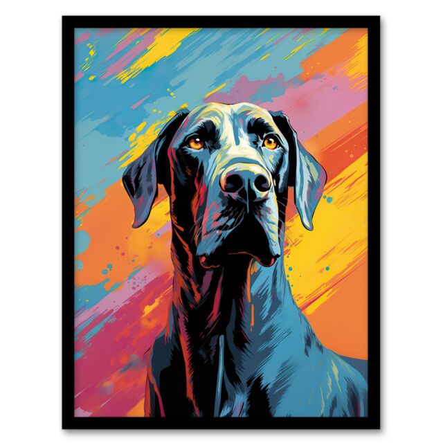 "Artery8 Wall Art Print Great Dane Dog Lover Gift Pet Portrait Pastel Colour Blue Orange Purple Artwork Painting Art Framed - Size: W12"" x H16""" - image 1