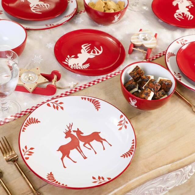 Dibor 18 Piece Red Plates & Bowls Reindeer Christmas Dinner Set 6 Person Christmas Crockery Set - image 1