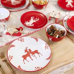 Dibor 18 Piece Red Plates & Bowls Reindeer Christmas Dinner Set 6 Person Christmas Crockery Set - thumbnail 1