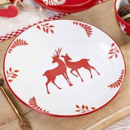 Dibor 18 Piece Red Plates & Bowls Reindeer Christmas Dinner Set 6 Person Christmas Crockery Set - thumbnail 3