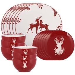 Dibor 18 Piece Red Plates & Bowls Reindeer Christmas Dinner Set 6 Person Christmas Crockery Set - thumbnail 2