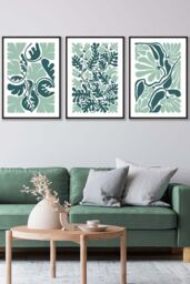 ARTZE Set of 3 Black Framed Boho Abstract Green & White Floral Wall Art - Size: W33 cm x H45 cm x D20mm - thumbnail 1