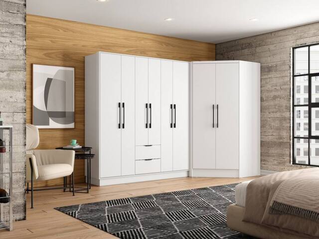 Vente-unique Corner Wardrobe With 8 Doors & 2 Drawers - W263 Cm - White - FEOVA - image 1