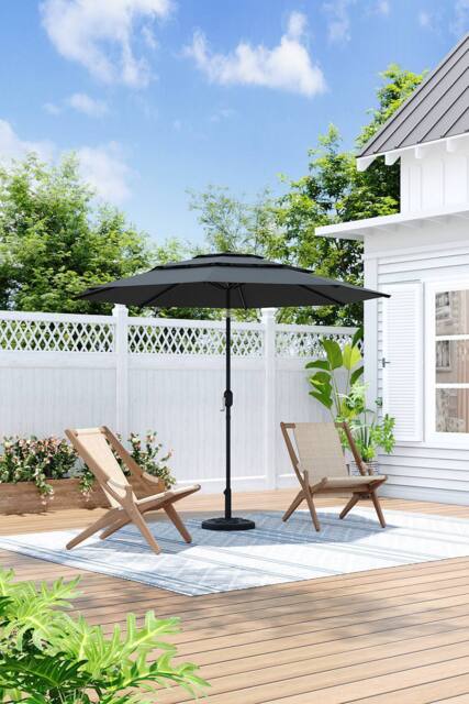 H&O Direct Outdoor Garden 3-Tier Umbrella with Crank & Floral-Pattern Stand in Dark Grey