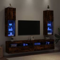 Berkfield Home TV Cabinets with LED Lights 2 pcs Smoked Oak 30.5x30x102 cm in Brown - thumbnail 4