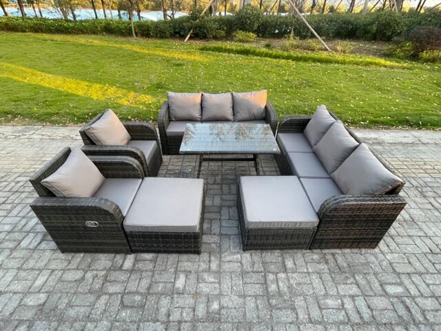 Fimous Rattan Garden Furniture Dining Set 10 seater Patio Rectangular Table 2 Big Footstool Dark Grey Mixed - image 1