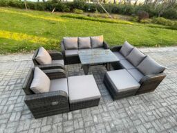 Fimous Rattan Garden Furniture Dining Set 10 seater Patio Rectangular Table 2 Big Footstool Dark Grey Mixed - thumbnail 2