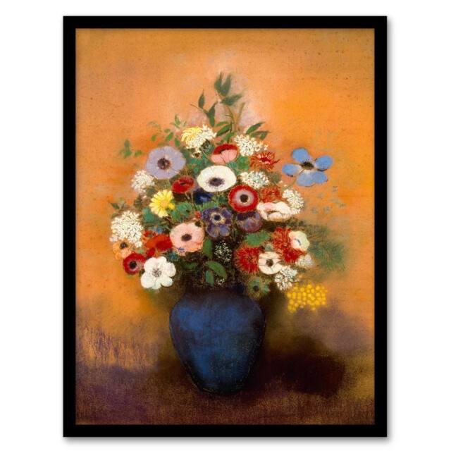 Artery8 Odilon Redon Framed Wall Art Print Anemones & Lilacs in Blue Vase in Orange - Size: A4 - image 1
