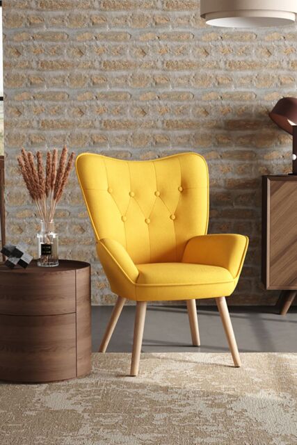 Living and Home Yellow Tufted Button Linen Accent Chair with Wooden Legs - image 1