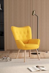 Living and Home Yellow Tufted Button Linen Accent Chair with Wooden Legs - thumbnail 2