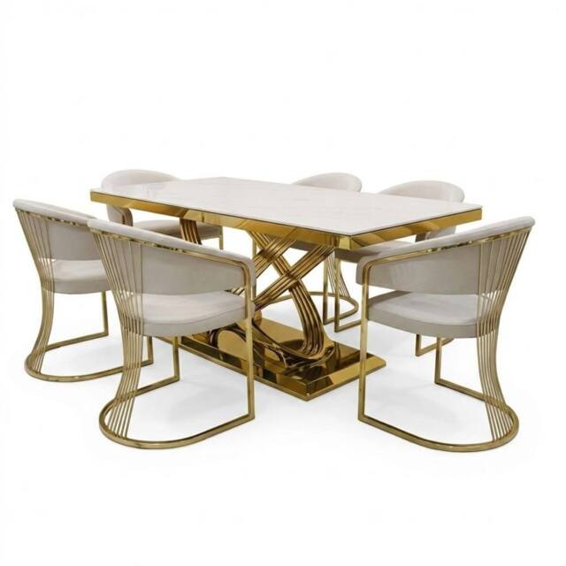 HOME LUXE INTERIOR Elina 180cm Cream & Gold Marble Dining Table & 6 Porado Chairs Set - Size: 180 cm - image 1
