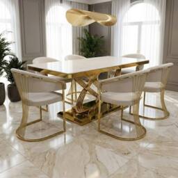 HOME LUXE INTERIOR Elina 180cm Cream & Gold Marble Dining Table & 6 Porado Chairs Set - Size: 180 cm - thumbnail 3