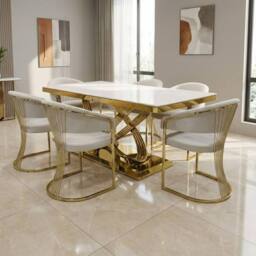 HOME LUXE INTERIOR Elina 180cm Cream & Gold Marble Dining Table & 6 Porado Chairs Set - Size: 180 cm - thumbnail 2