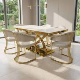 HOME LUXE INTERIOR Elina 180cm Cream & Gold Marble Dining Table & 6 Porado Chairs Set - Size: 180 cm - thumbnail 4