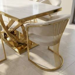 HOME LUXE INTERIOR Elina 180cm Cream & Gold Marble Dining Table & 6 Porado Chairs Set - Size: 180 cm - thumbnail 5