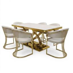 HOME LUXE INTERIOR Elina 180cm Cream & Gold Marble Dining Table & 6 Porado Chairs Set - Size: 180 cm - thumbnail 1