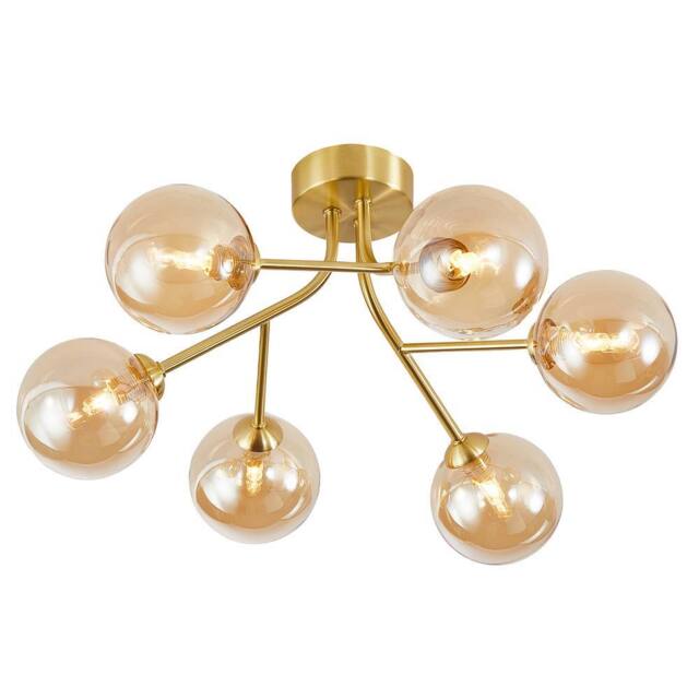 Happy Homewares Designer Satin Gold 6-Arm Ceiling Light Fixture with Amber Tinted Glass Shades - image 1