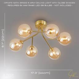 Happy Homewares Designer Satin Gold 6-Arm Ceiling Light Fixture with Amber Tinted Glass Shades - thumbnail 6