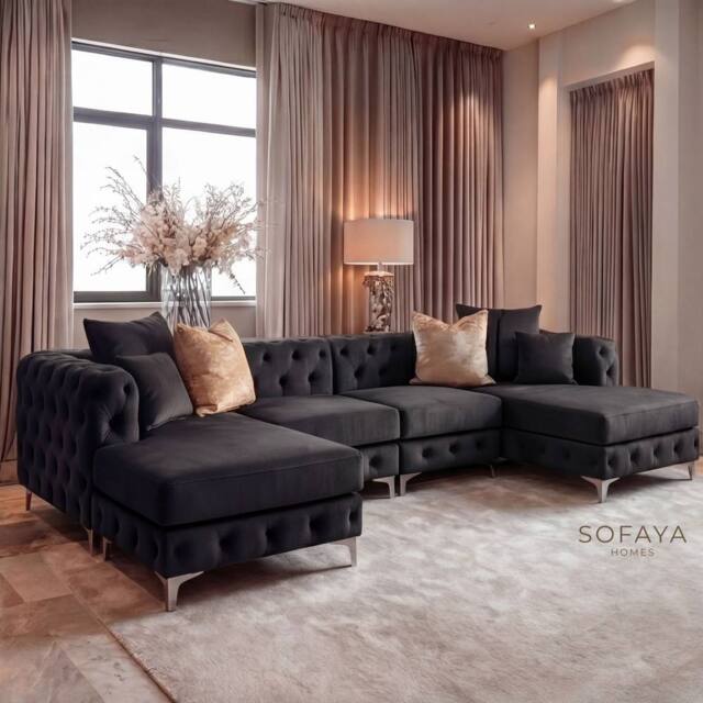 Sofaya Monaco 4 Seater Chesterfield Chaise Sofa Velvet U Shaped Longue in Black - Size: 4 Person - image 1