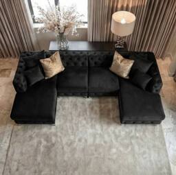 Sofaya Monaco 4 Seater Chesterfield Chaise Sofa Velvet U Shaped Longue in Black - Size: 4 Person - thumbnail 5