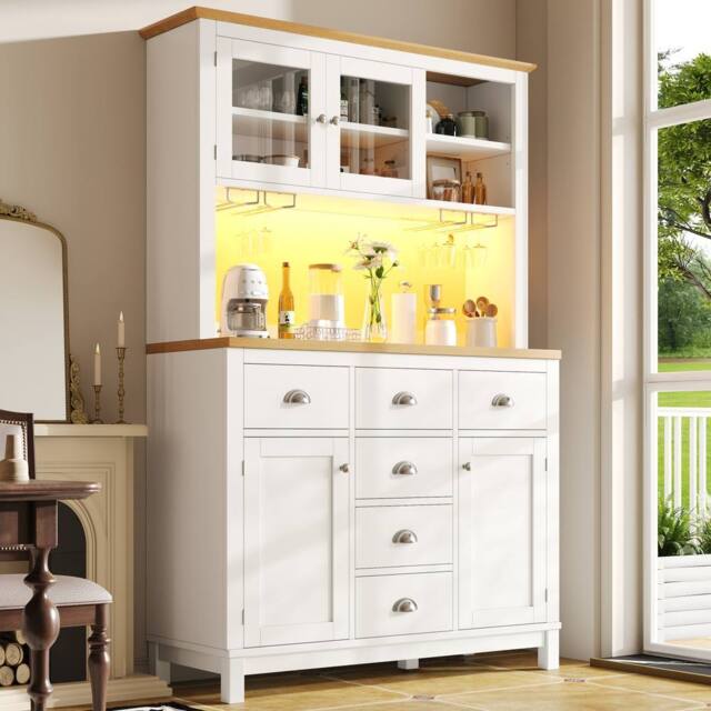 Merax Farmhouse Style Kitchen Pantry Cabinet with LED Lighting & Drawers in White - image 1