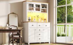 Merax Farmhouse Style Kitchen Pantry Cabinet with LED Lighting & Drawers in White - thumbnail 5
