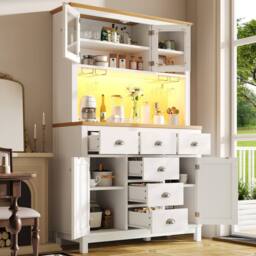 Merax Farmhouse Style Kitchen Pantry Cabinet with LED Lighting & Drawers in White - thumbnail 4