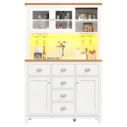 Merax Farmhouse Style Kitchen Pantry Cabinet with LED Lighting & Drawers in White - thumbnail 7