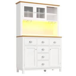 Merax Farmhouse Style Kitchen Pantry Cabinet with LED Lighting & Drawers in White - thumbnail 9