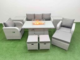 Fimous PE Rattan Garden Furniture Set Reclining Chair Sofa Lounge Sofa Set Firepit Dining Table 2 Side Table 3 Stools Light Grey - thumbnail 1