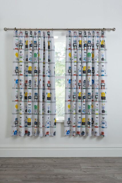 Bedlam 'Robots' Pair of Pencil Pleat Curtains in Blue - Size: 168 cm width x 183 cm drop - image 1