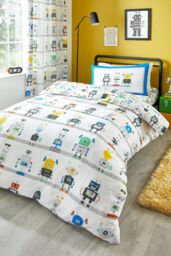 Bedlam 'Robots' Pair of Pencil Pleat Curtains in Blue - Size: 168 cm width x 183 cm drop - thumbnail 2