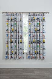 Bedlam 'Robots' Pair of Pencil Pleat Curtains in Blue - Size: 168 cm width x 183 cm drop - thumbnail 1