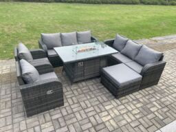 Fimous Garden Patio Furniture Wicker Rattan Gas Fire Pit Table & Sofa set with Recling Chair Big Footstool in Dark Grey - thumbnail 1